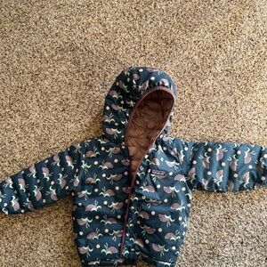 Patagonia Kids Puffer Jacket Navy with Pink and Green Print